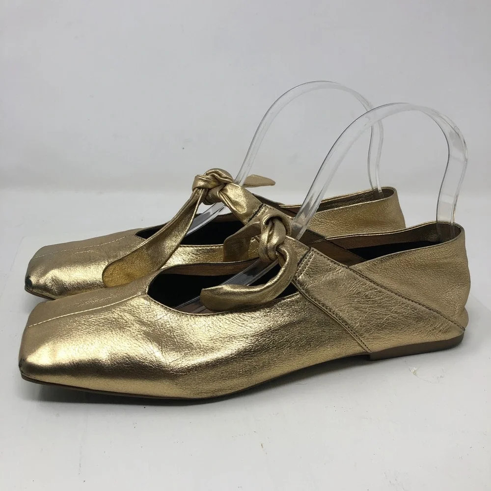 Vicenza Ballet Flats 8 Womens Gold Metallic Square Toe Knotted Strap Leather